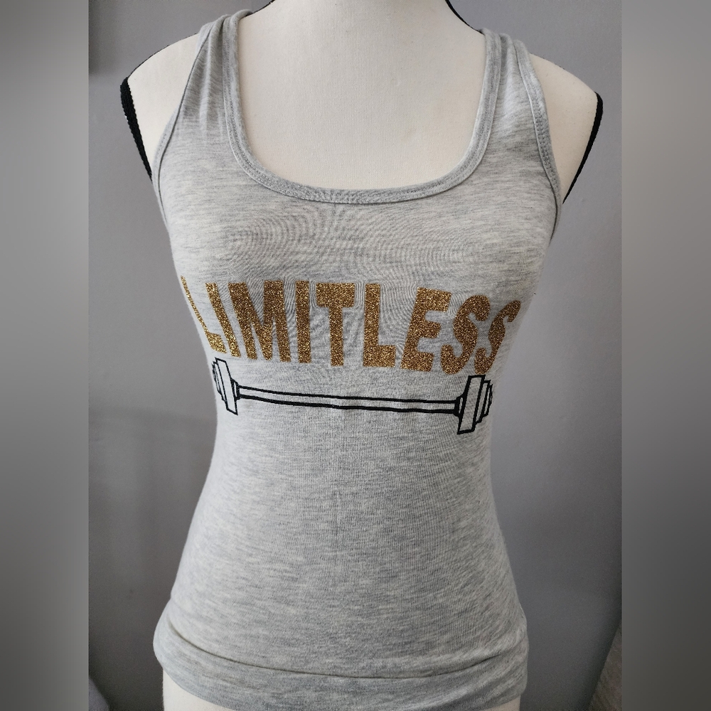 Gray Tank Top with Gold 'LIMITLESS' Print